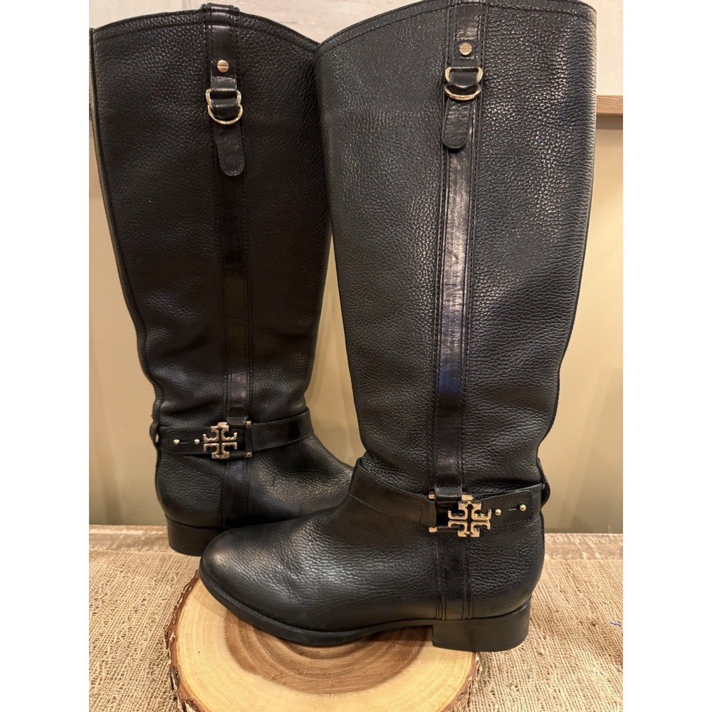 TORY BURCH Black LEATHER ELINA RIDING BELTED BOOTS Size 10.5